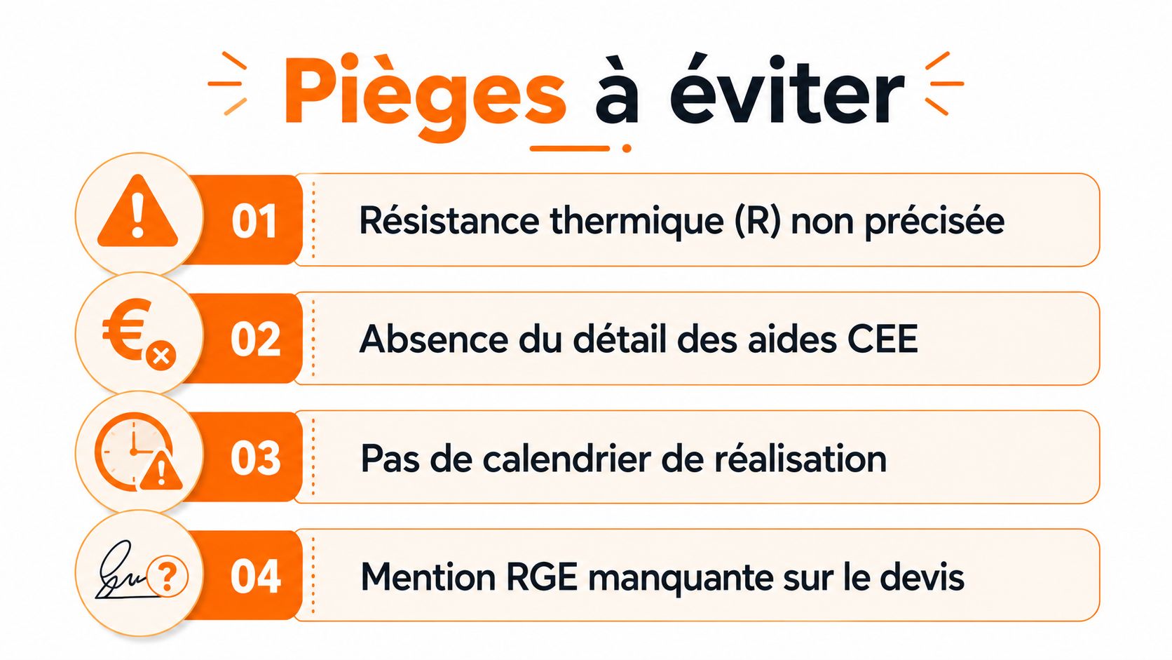 Une infographie listant quatre erreurs courantes à éviter lors de la rédaction d'un devis pour des travaux.