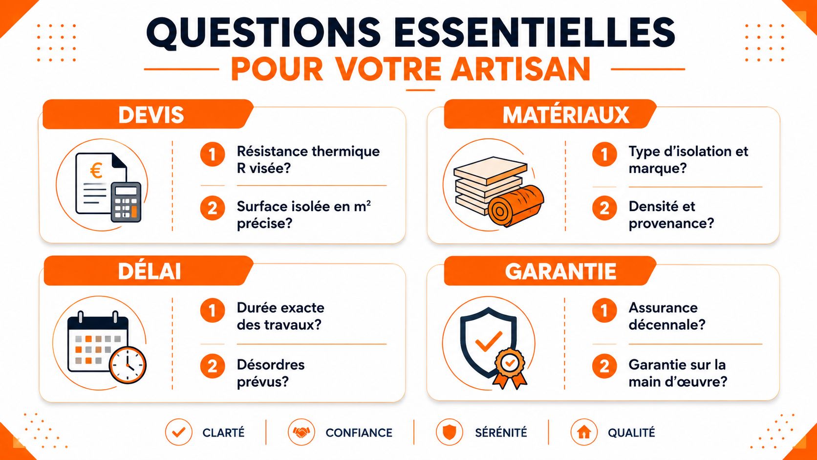 Infographie présentant les questions essentielles à poser à un artisan pour des travaux d'isolation des combles.