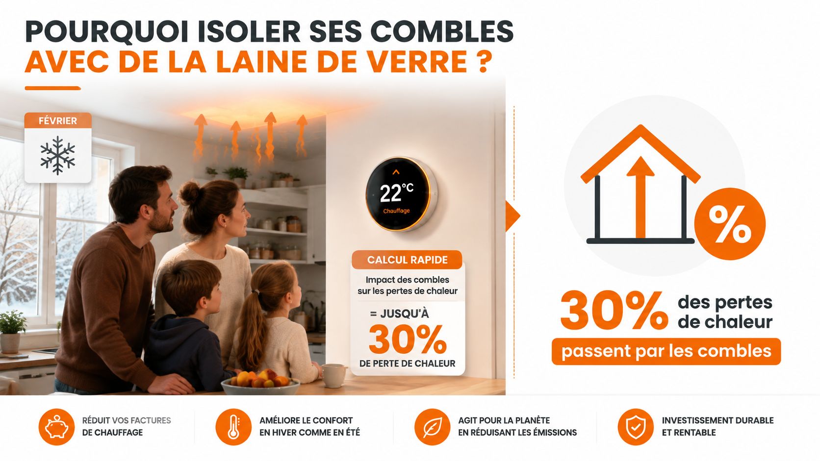 Une famille regarde son thermostat, illustrant pourquoi isoler ses combles avec de la laine de verre est efficace.