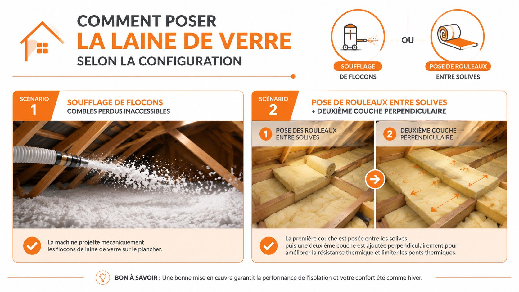 Infographie montrant deux méthodes pour isoler des combles avec de la laine de verre selon la configuration.