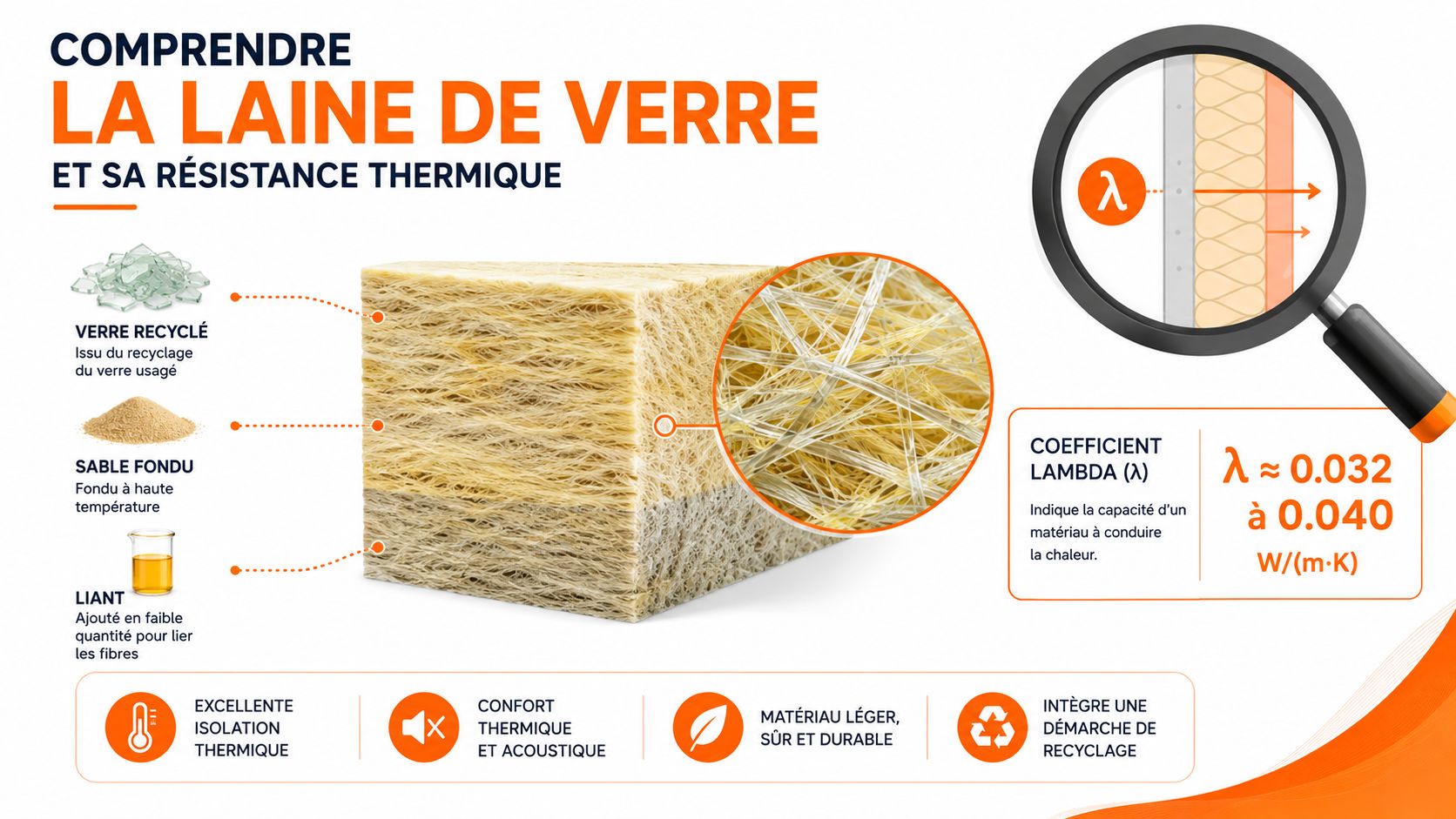 Schéma explicatif montrant la composition et les propriétés isolantes thermiques et acoustiques de la laine de verre.