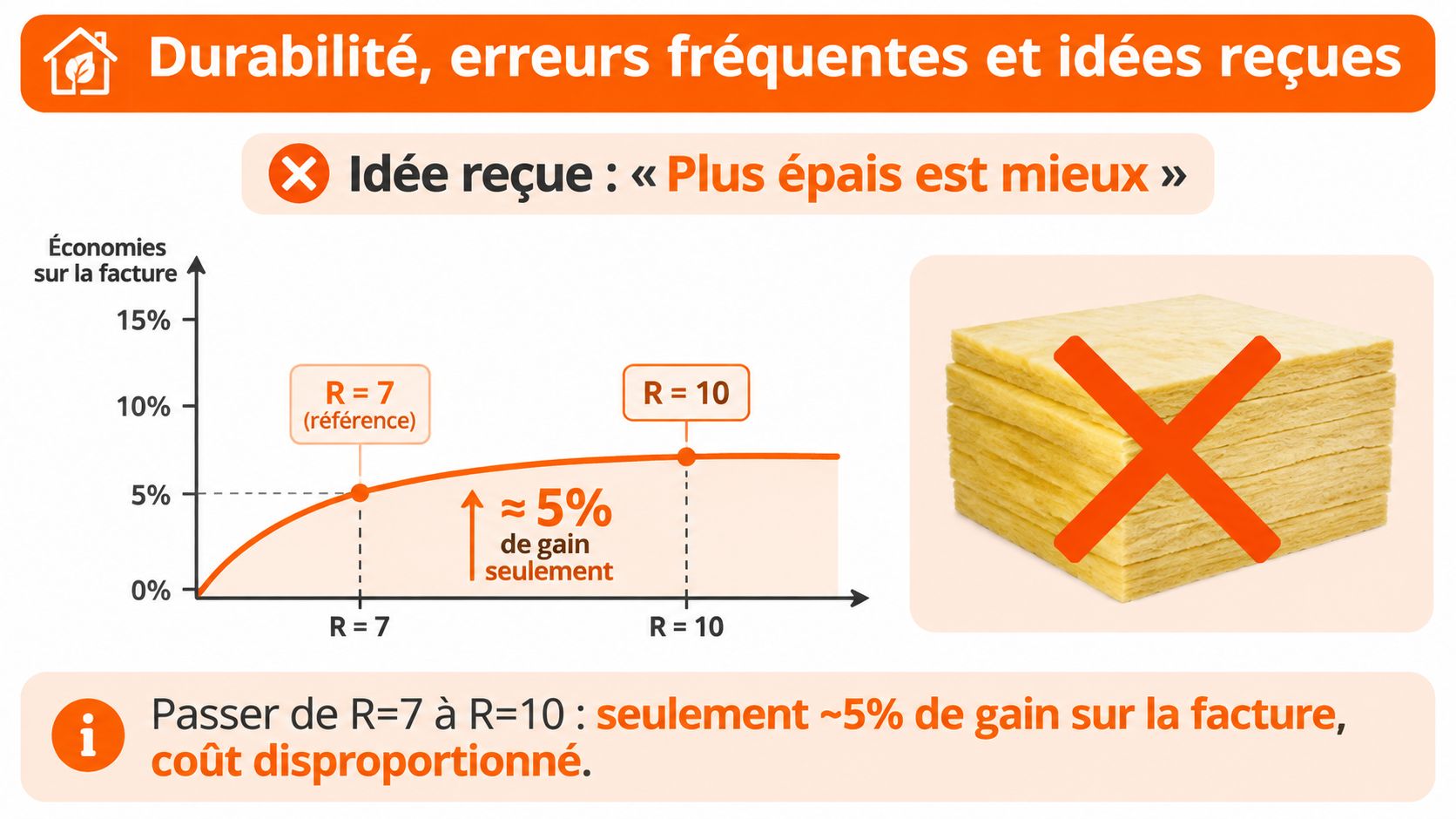 Graphique illustrant la rentabilité décroissante de l'isolation des combles, montrant un gain faible entre R=7 et R=10.