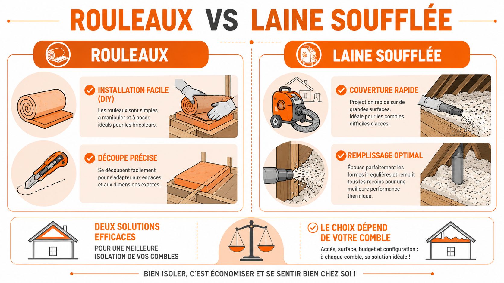 Comparaison entre l'utilisation de rouleaux de laine et de laine soufflée pour isoler efficacement vos combles.