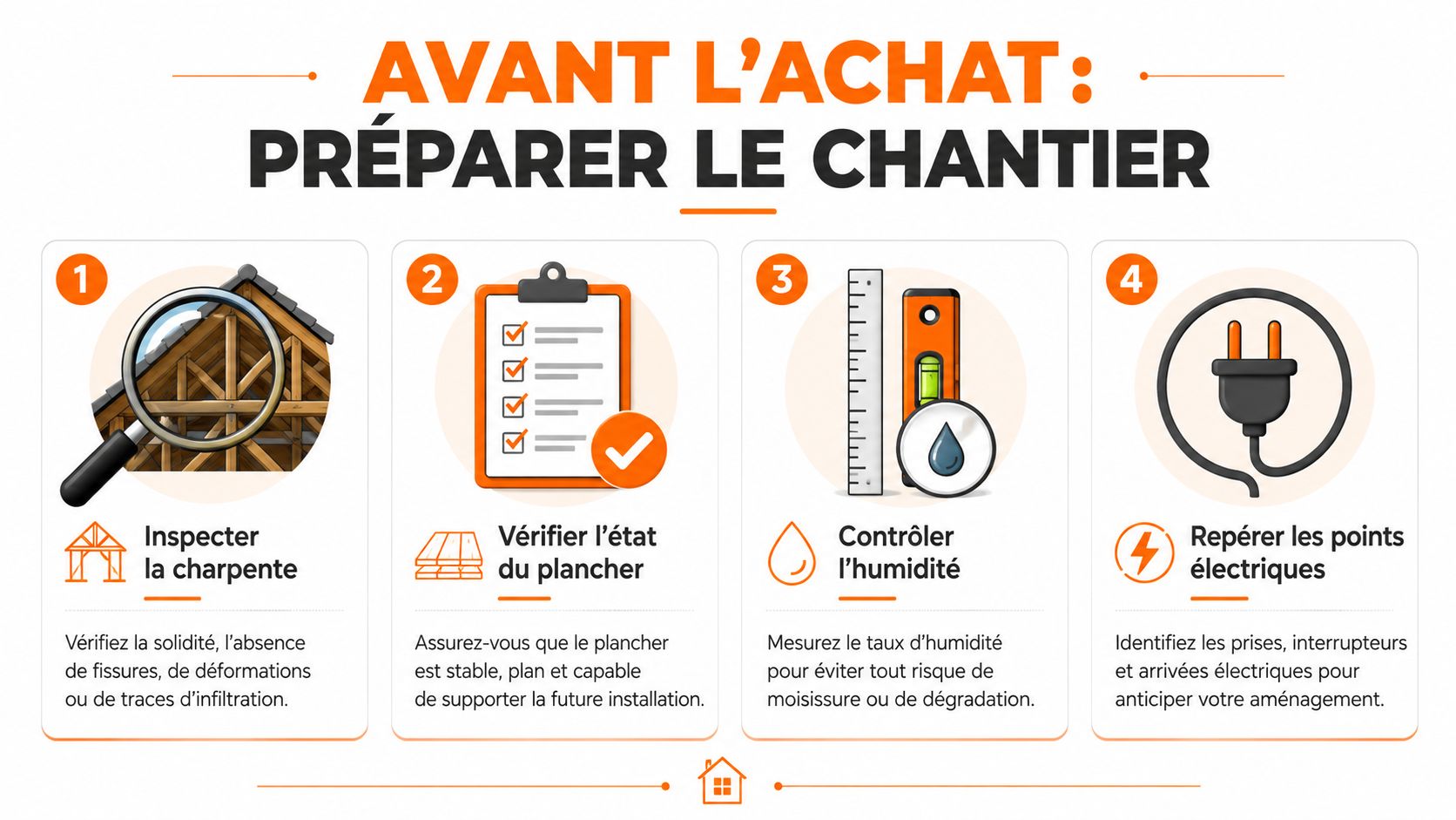 Infographie illustrant les quatre étapes essentielles pour préparer des combles avant l'achat d'isolants en laine de verre.