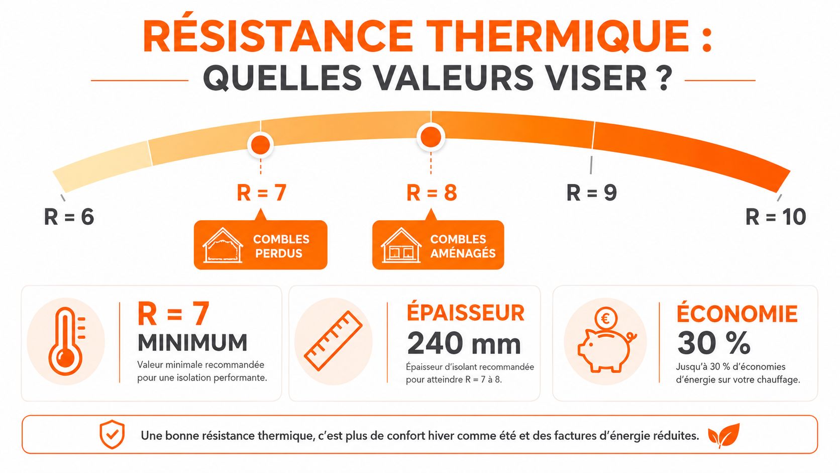 Infographie illustrant les recommandations de résistance thermique pour l'isolation des combles perdus et aménagés.