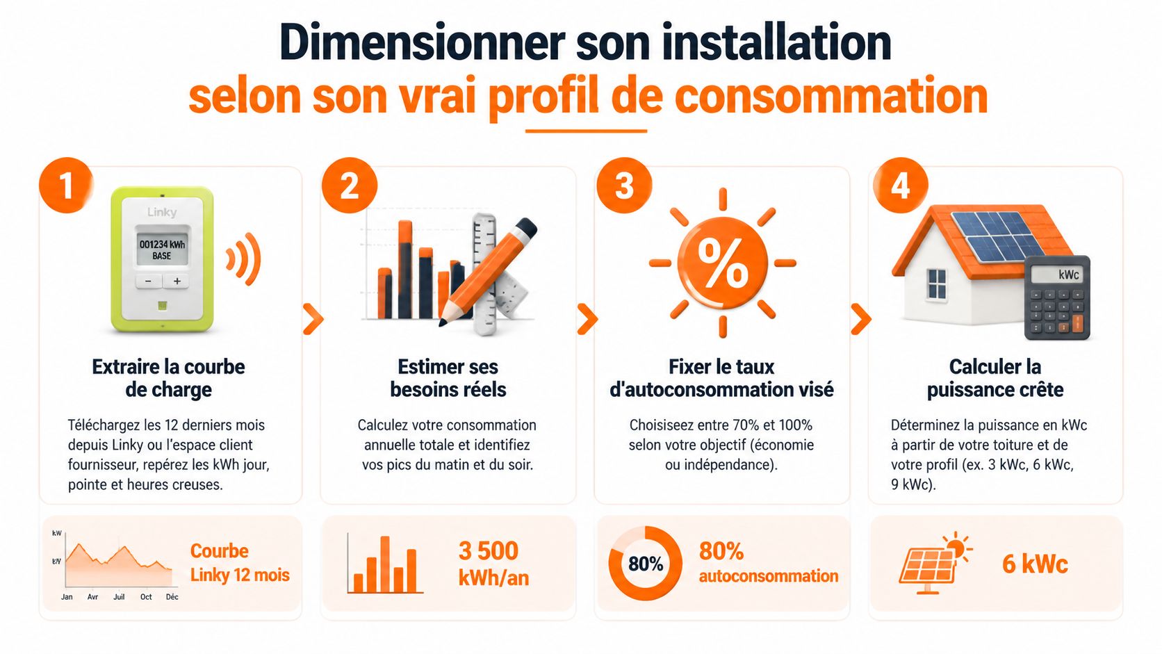 Infographie en quatre étapes pour dimensionner correctement une installation photovoltaïque en fonction de sa consommation électrique réelle.