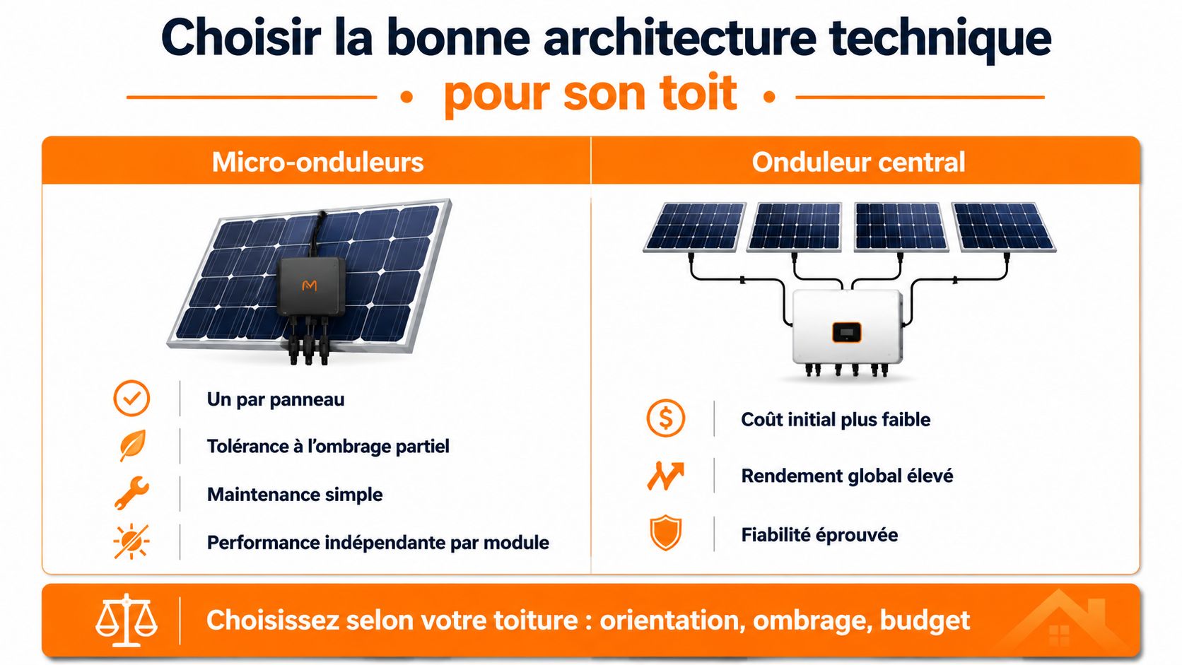 Comparaison entre micro-onduleurs et onduleur central pour une installation de panneaux solaires photovoltaïques sur un toit.
