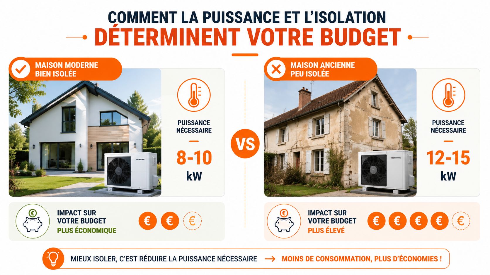 Comparaison de la puissance et du budget pour une pompe à chaleur selon l'isolation de votre maison.