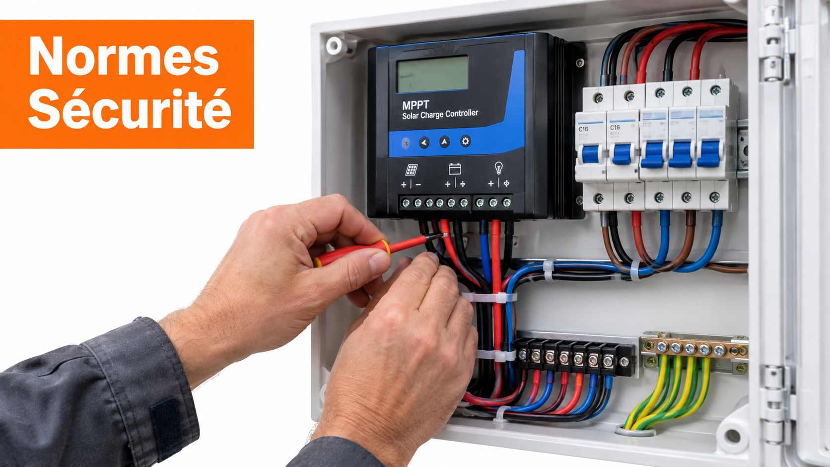 Un technicien effectue le câblage électrique dans une armoire de contrôle pour une installation solaire photovoltaïque autonome.