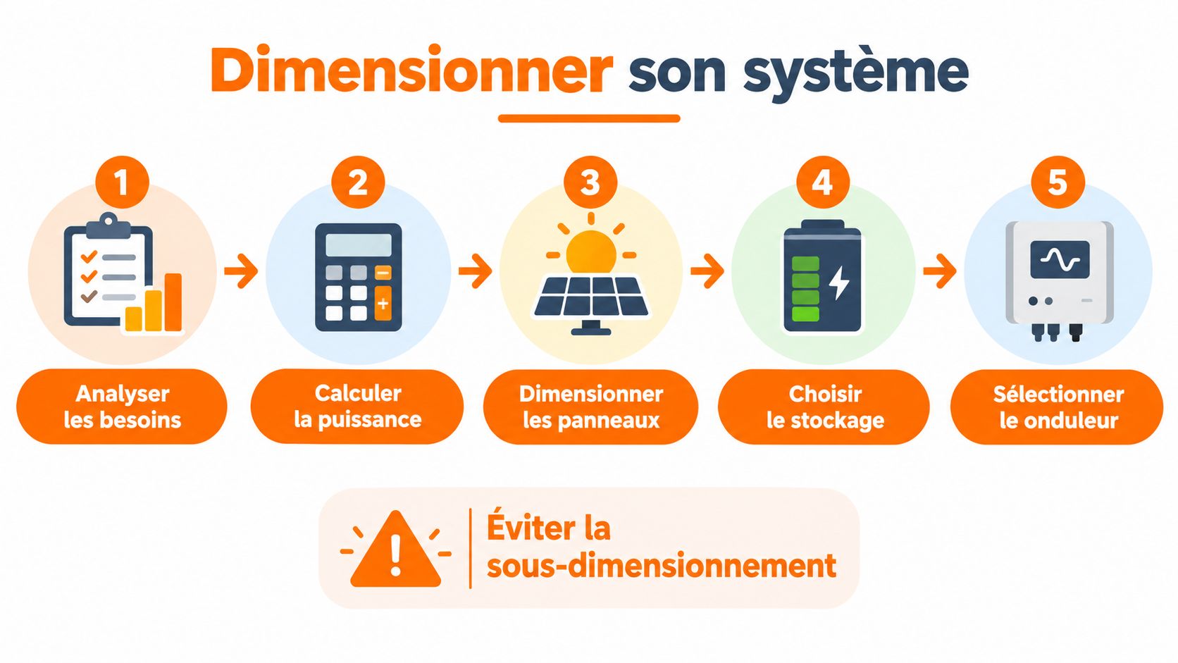 Infographie illustrant les cinq étapes pour dimensionner correctement un système solaire photovoltaïque autonome pour son logement.