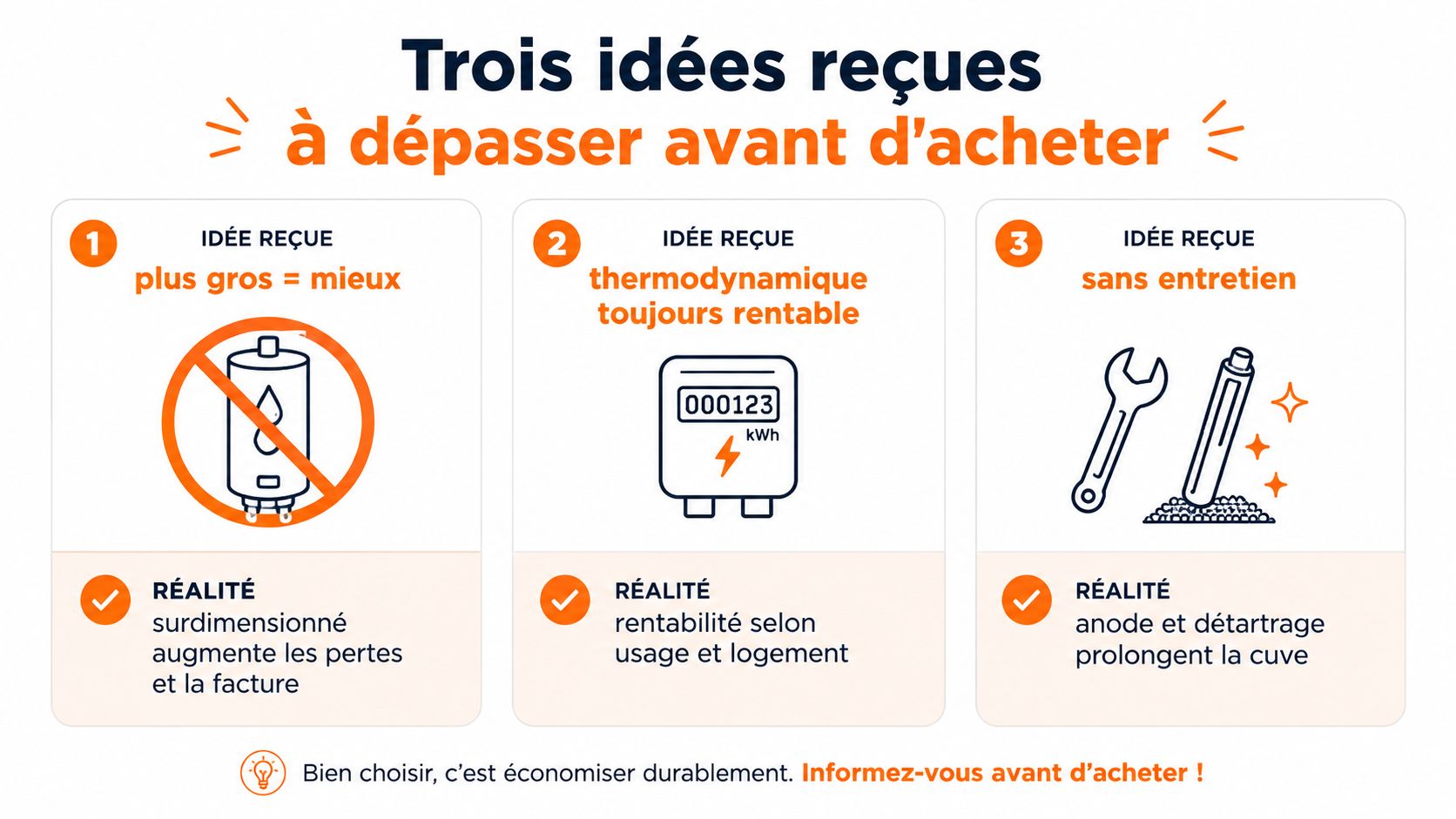 Infographie présentant trois idées reçues sur le choix d'un chauffe-eau électrique et la réalité correspondante.