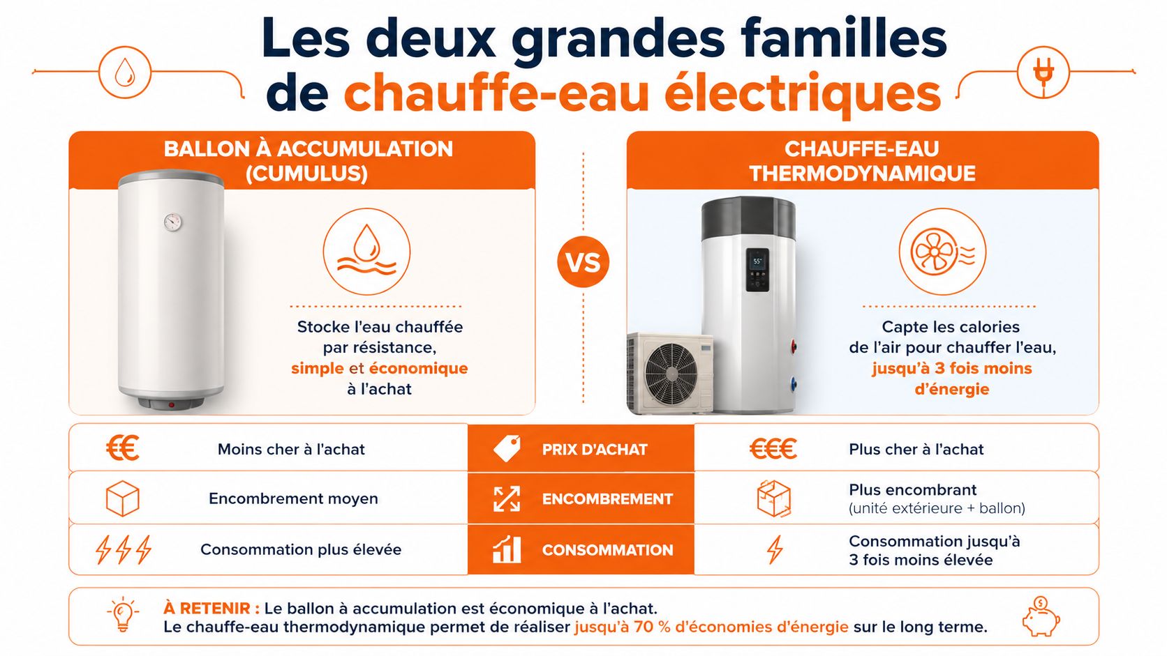 Comparaison entre un ballon d'eau chaude électrique classique et un chauffe-eau thermodynamique performant.