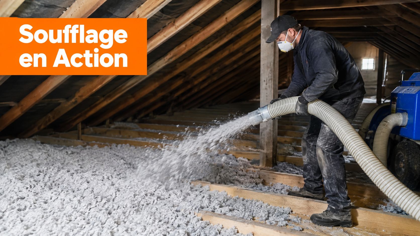 Un technicien qualifié installe de l'isolant soufflé dans les combles d'une maison pour améliorer son efficacité énergétique.