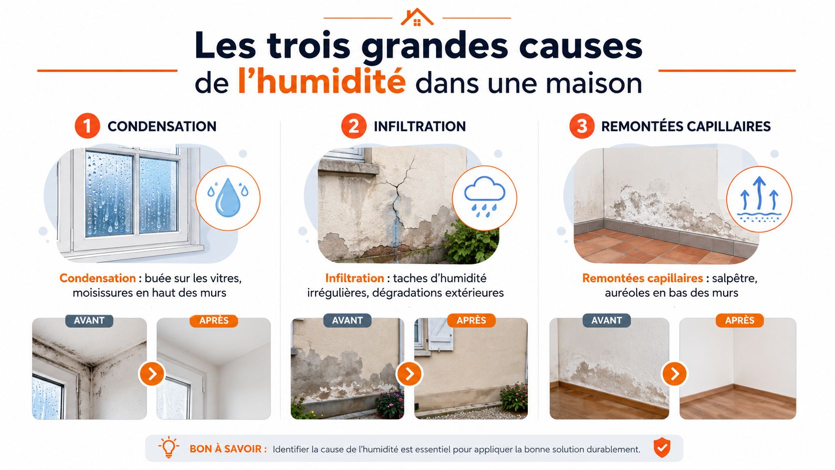 Infographie illustrant les trois causes principales de l'humidité dans une maison : condensation, infiltration et remontées capillaires.