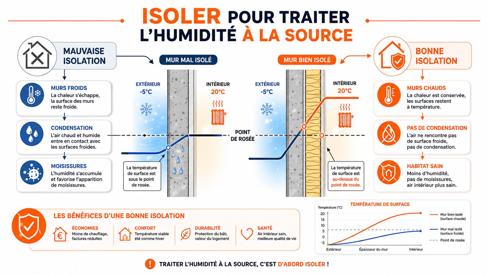 Schéma explicatif montrant l'importance de l'isolation thermique pour éviter la condensation et les moisissures dans une maison.