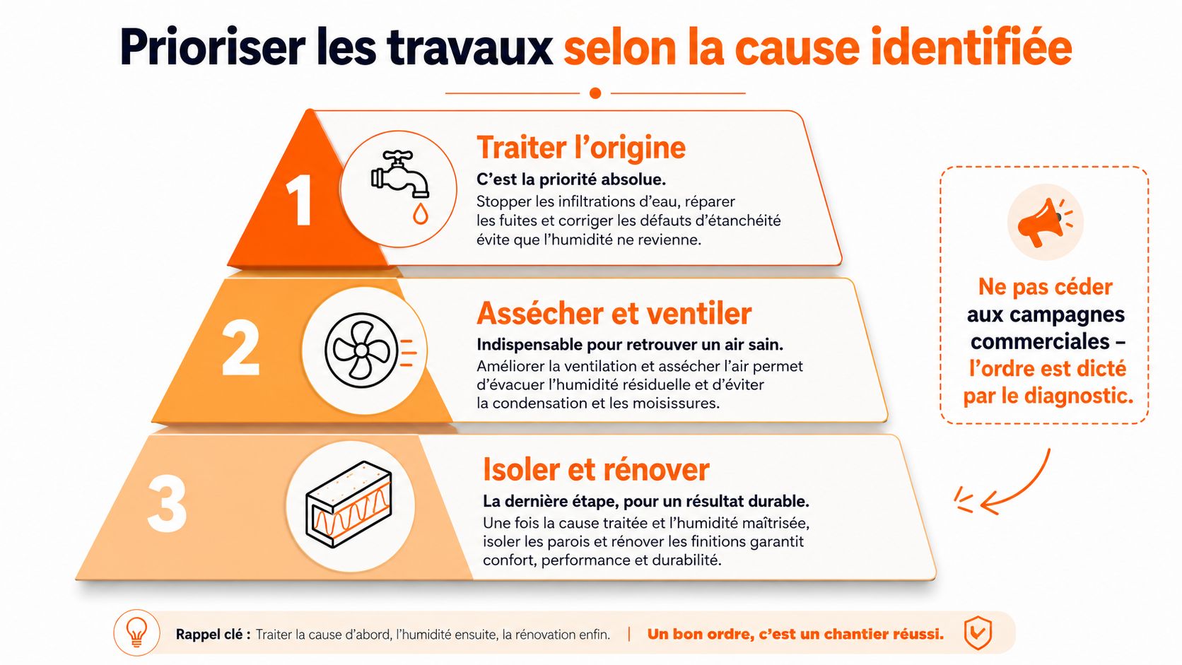 Une infographie pyramidale illustrant les trois étapes prioritaires pour traiter l'humidité dans une maison de manière efficace.