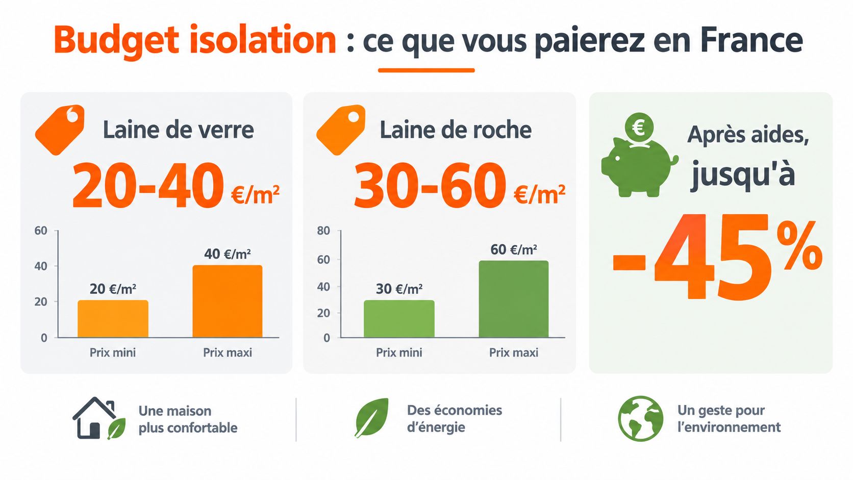 Tableau comparatif des prix au mètre carré pour l'isolation en laine de verre et laine de roche.