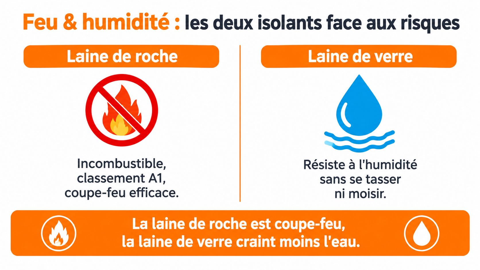 Comparaison entre la laine de roche et la laine de verre face au feu et à l'humidité.