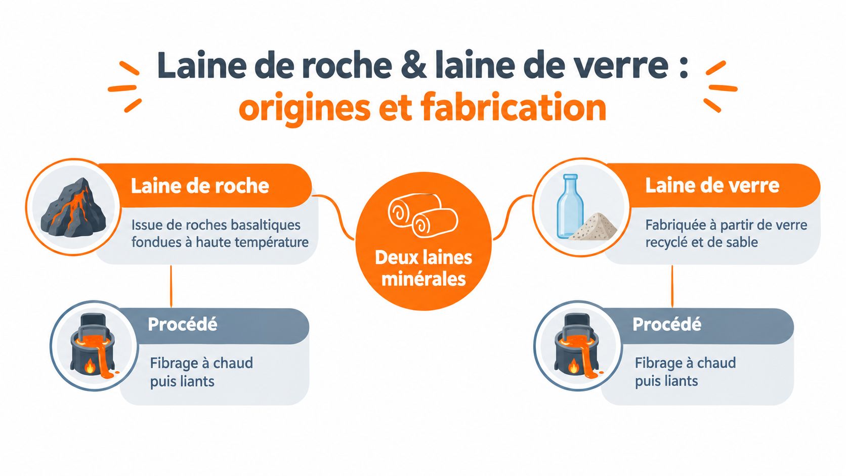 Infographie comparant les origines et les procédés de fabrication de la laine de roche et laine de verre.