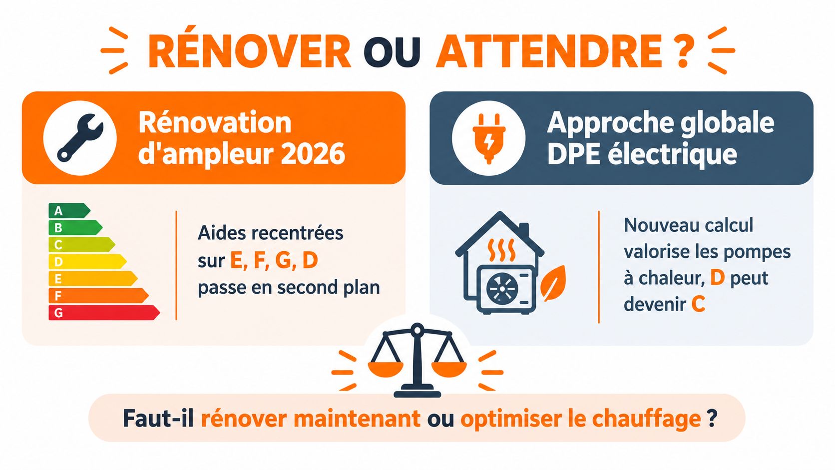 Une infographie comparant les avantages de la rénovation énergétique globale par rapport à l'optimisation du chauffage électrique.