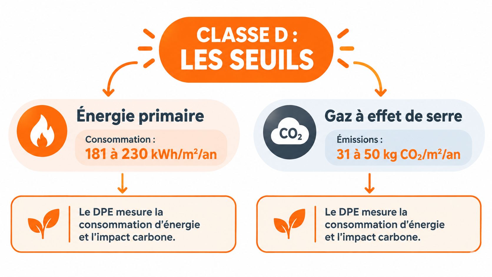 Infographie montrant les seuils de consommation énergétique et d'émissions de gaz à effet de serre Classe D.