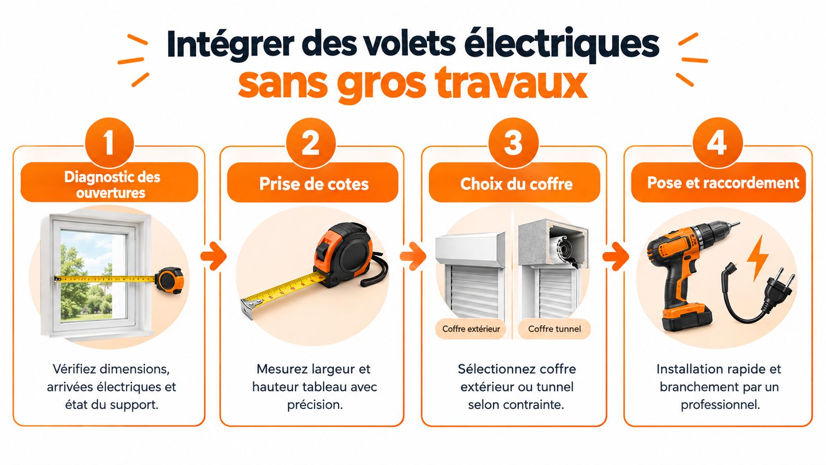 Une infographie en quatre étapes expliquant comment installer des volets roulants électriques sans réaliser de gros travaux.