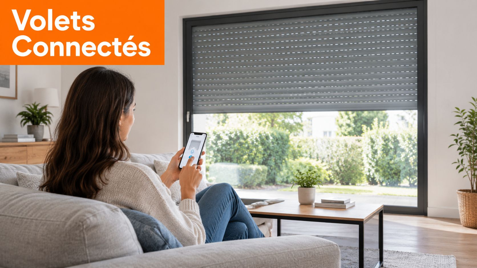 Une femme assise sur un canapé contrôle ses volets roulants électriques intelligents via une application sur smartphone.