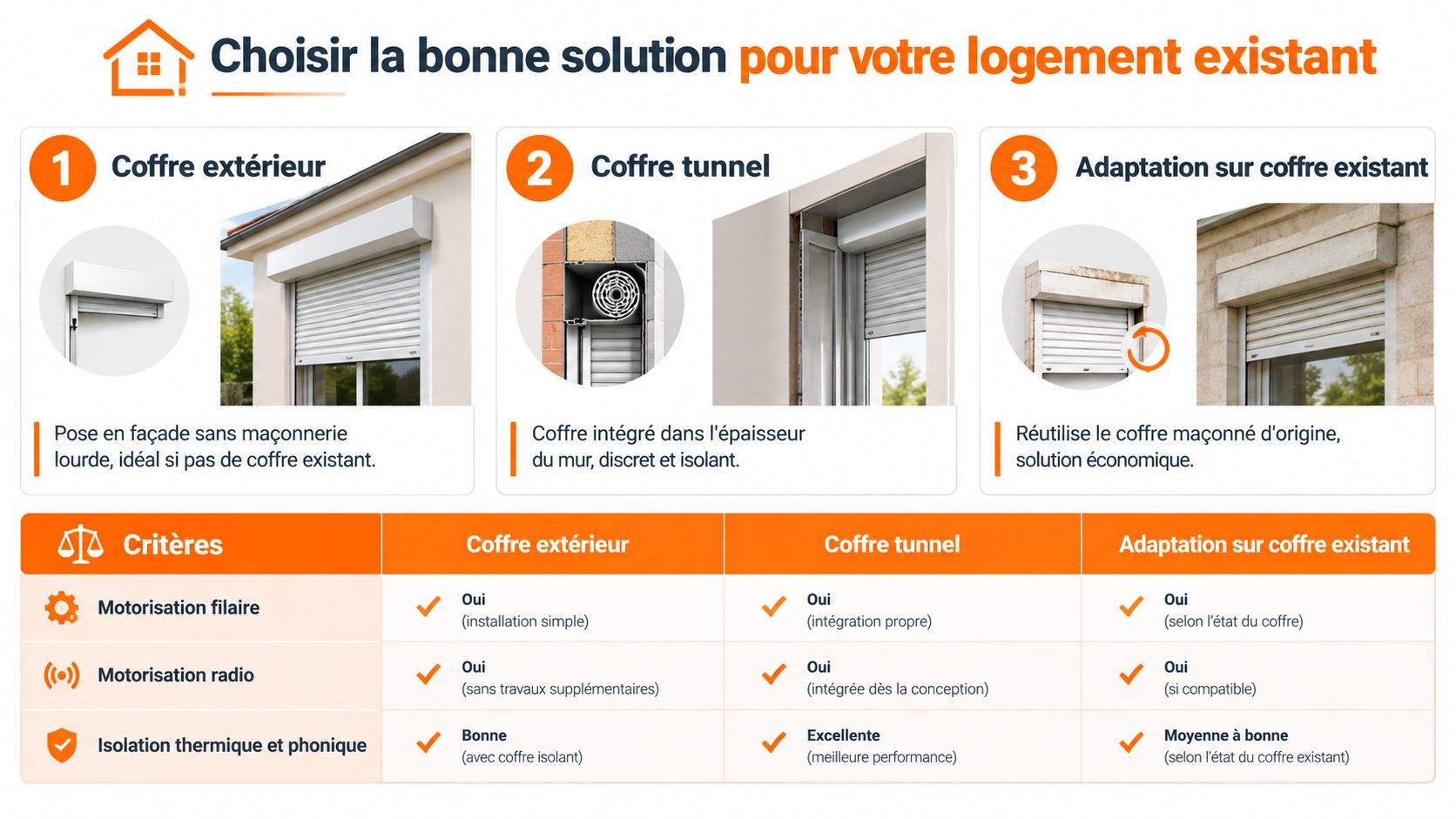 Tableau comparatif illustrant les trois solutions de rénovation pour choisir vos volets roulants électriques existants.