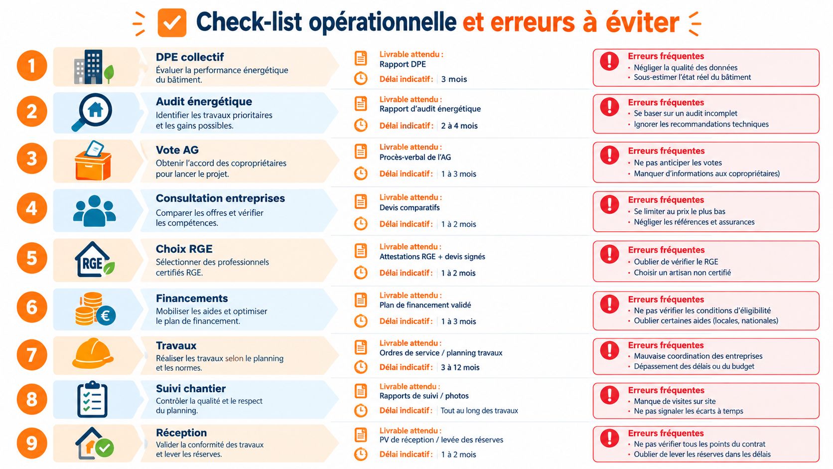 Check-list opérationnelle illustrant les neuf étapes clés pour réussir un projet de rénovation énergétique en copropriété.