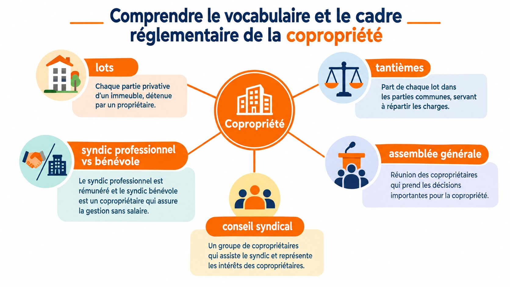 Infographie explicative présentant les concepts fondamentaux de la copropriété immobilière et le rôle des différents acteurs.