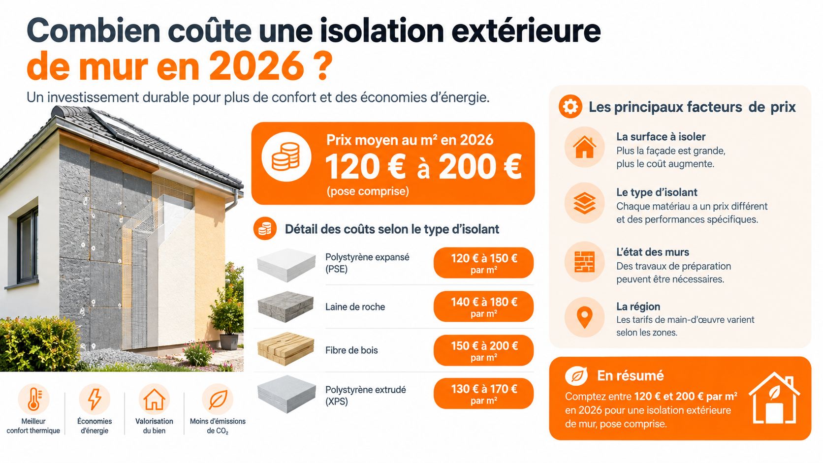 Infographie illustrant les coûts moyens en 2026 pour l'isolation thermique des murs par l'extérieur en France.