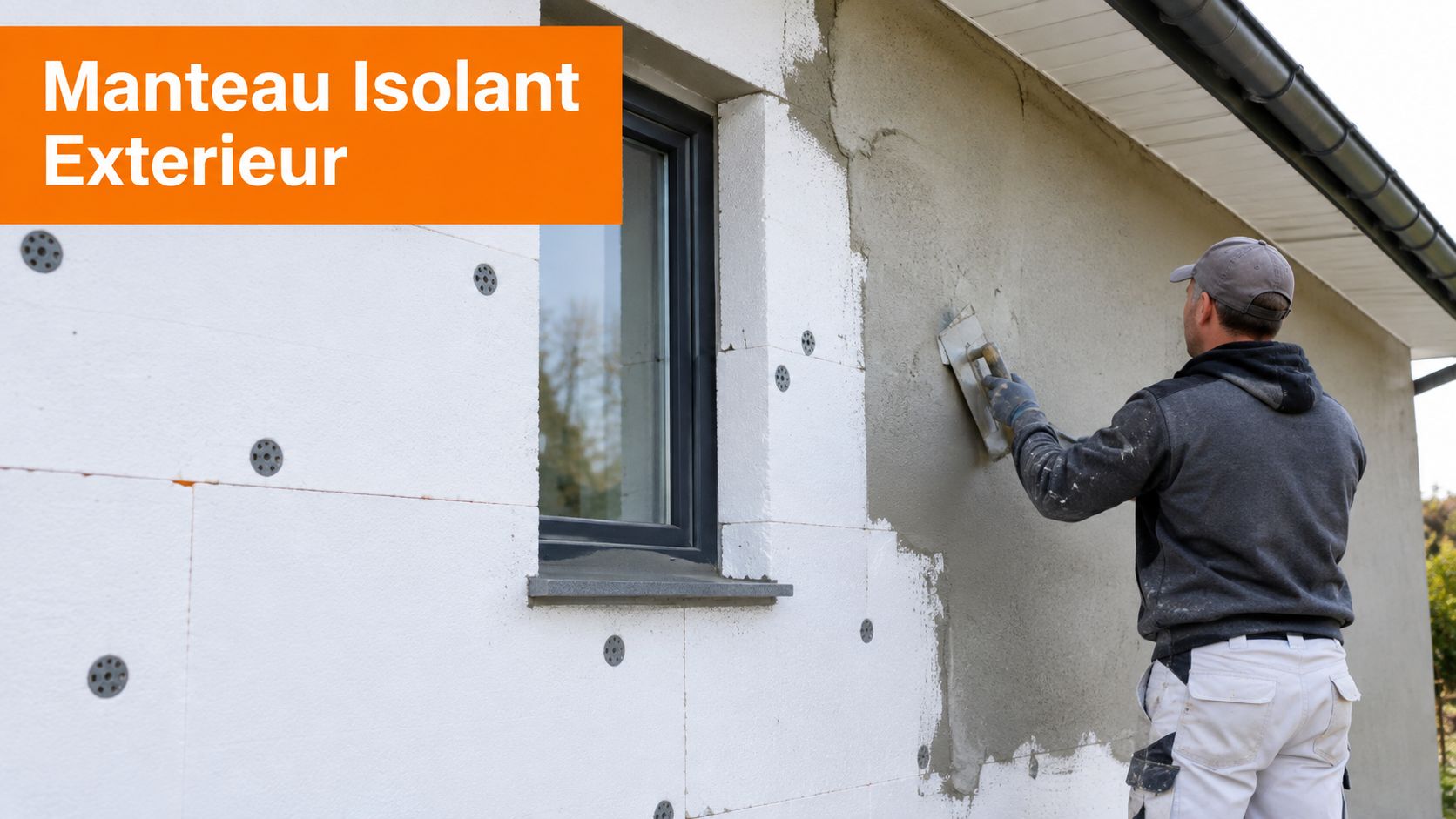 Un artisan applique un enduit sur des panneaux isolants posés sur le mur extérieur d'une maison.