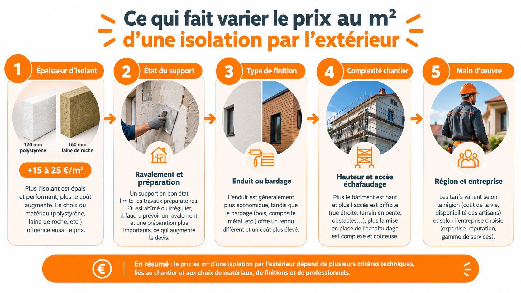 Infographie présentant les cinq facteurs influençant le coût au mètre carré de l'isolation thermique par l'extérieur.