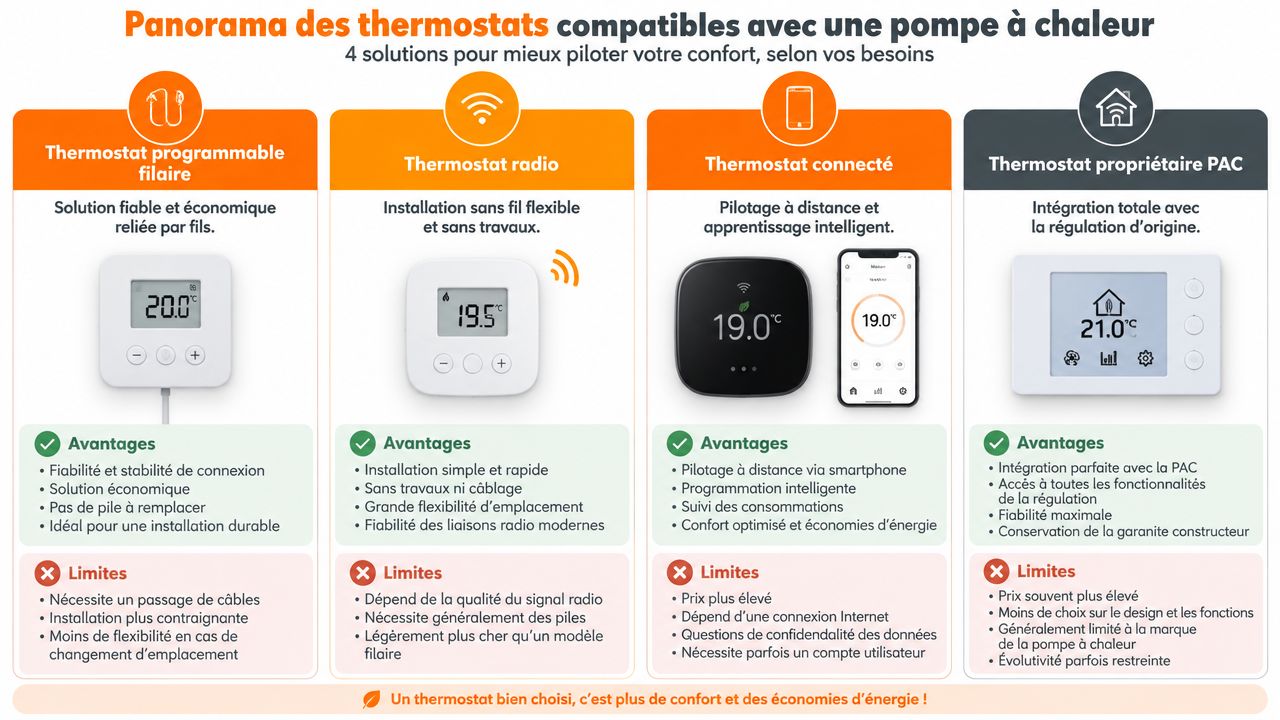 Panorama comparatif des quatre types de thermostats disponibles pour piloter efficacement une pompe à chaleur.