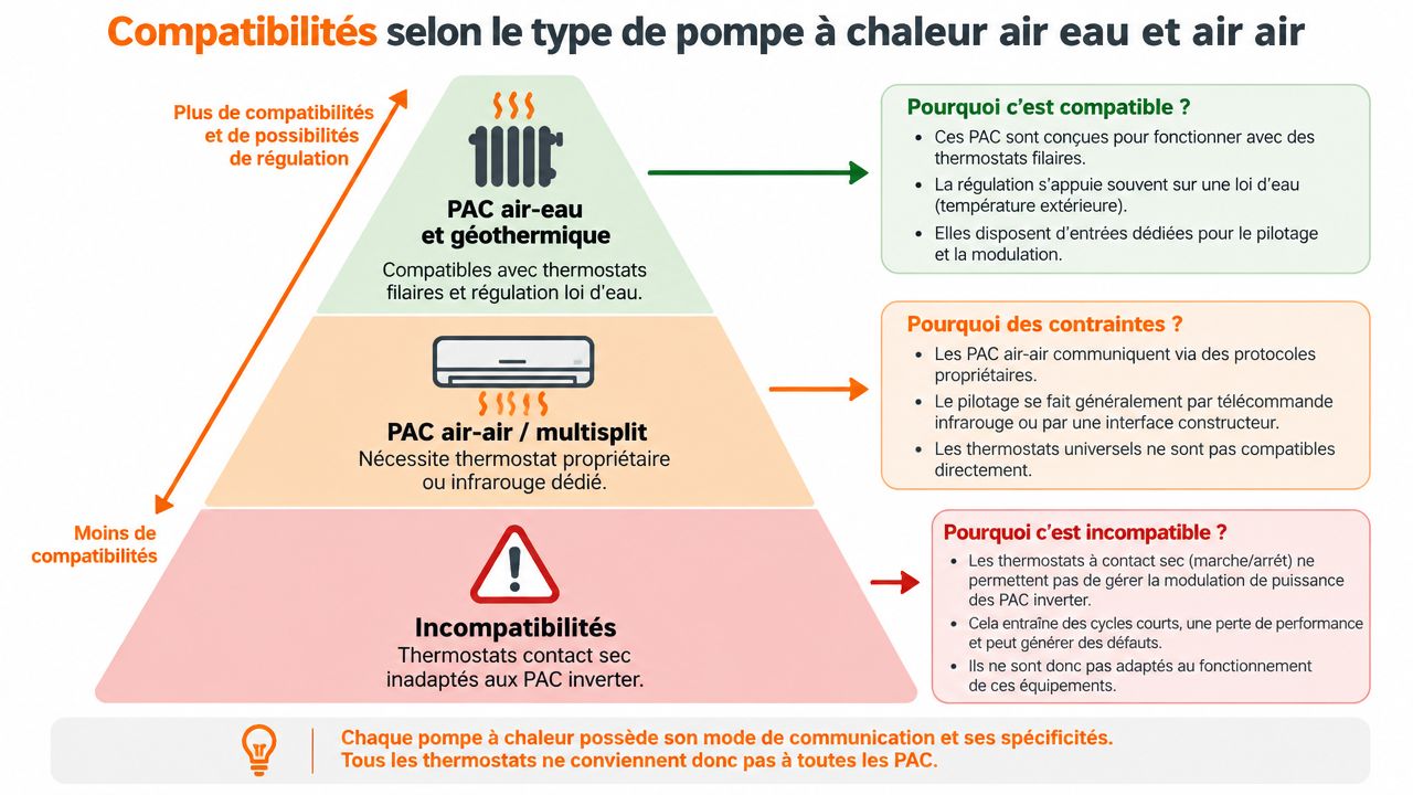 Infographie montrant la compatibilité des différents types de pompes à chaleur avec divers thermostats et systèmes de régulation.