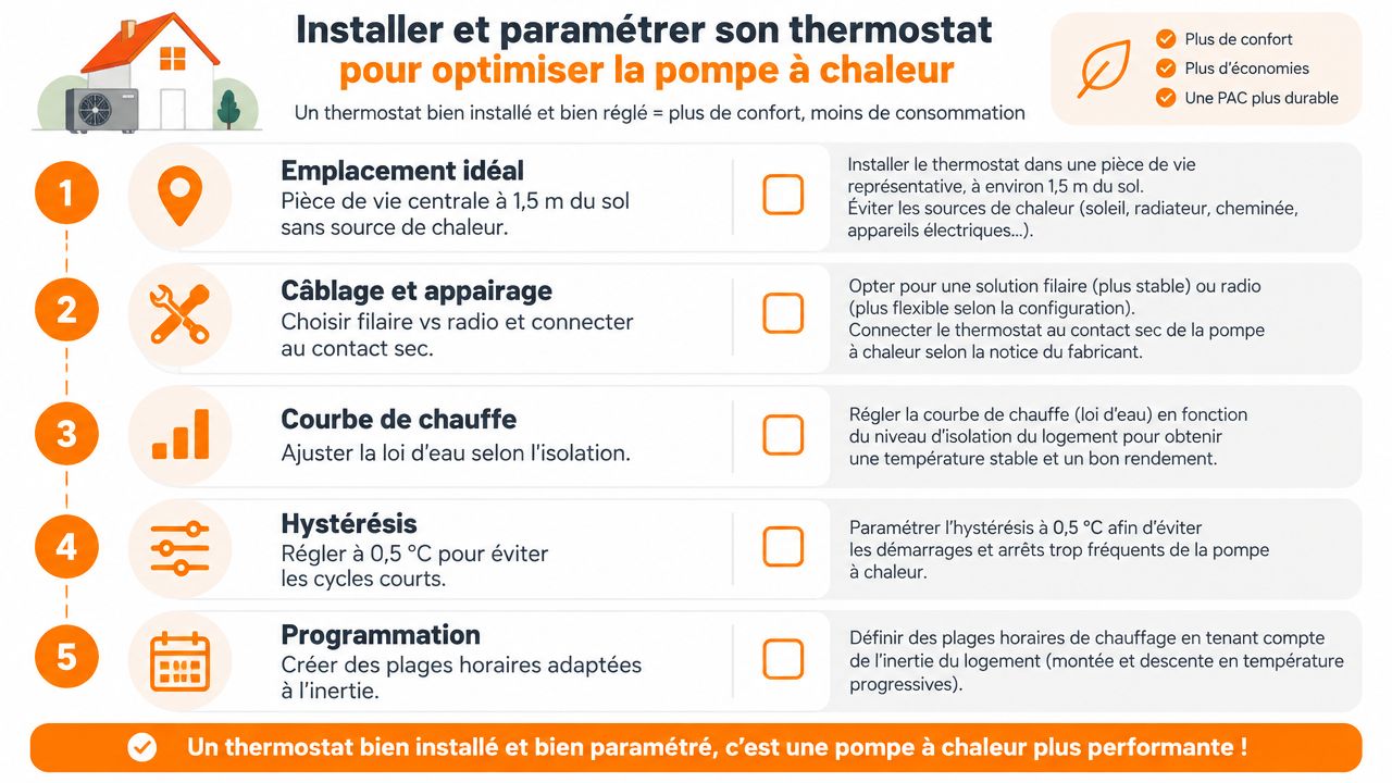 Infographie détaillant les cinq étapes pour installer et optimiser un thermostat connecté avec une pompe à chaleur.