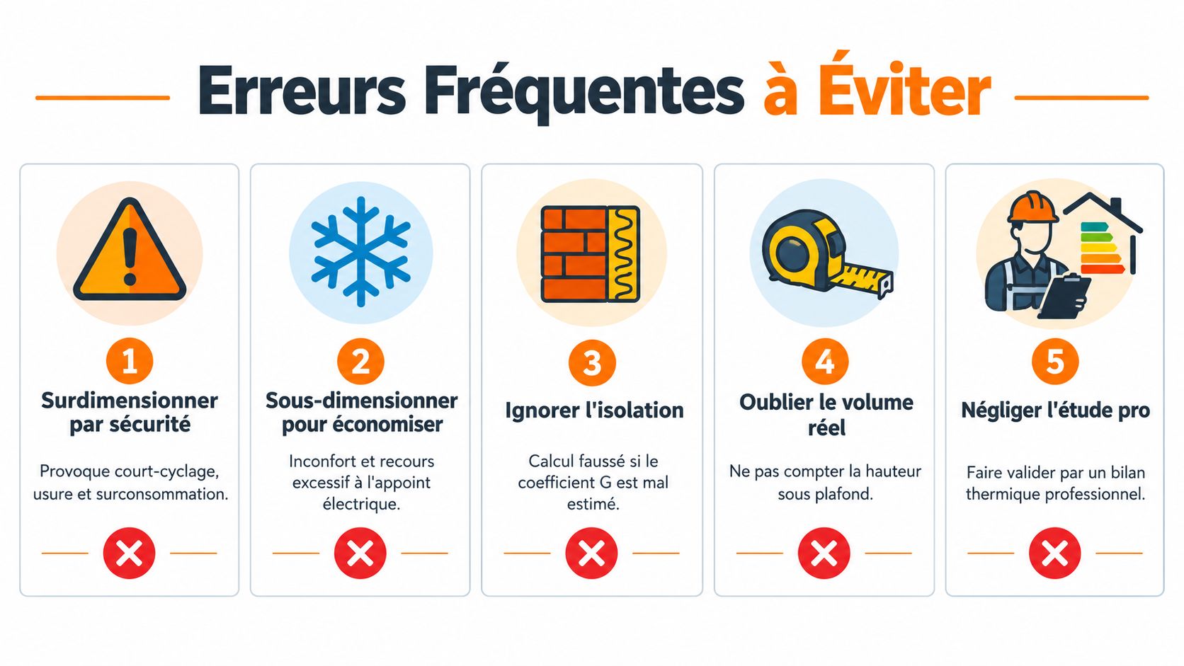 Infographie illustrant cinq erreurs courantes à éviter lors du dimensionnement d'une pompe à chaleur domestique.