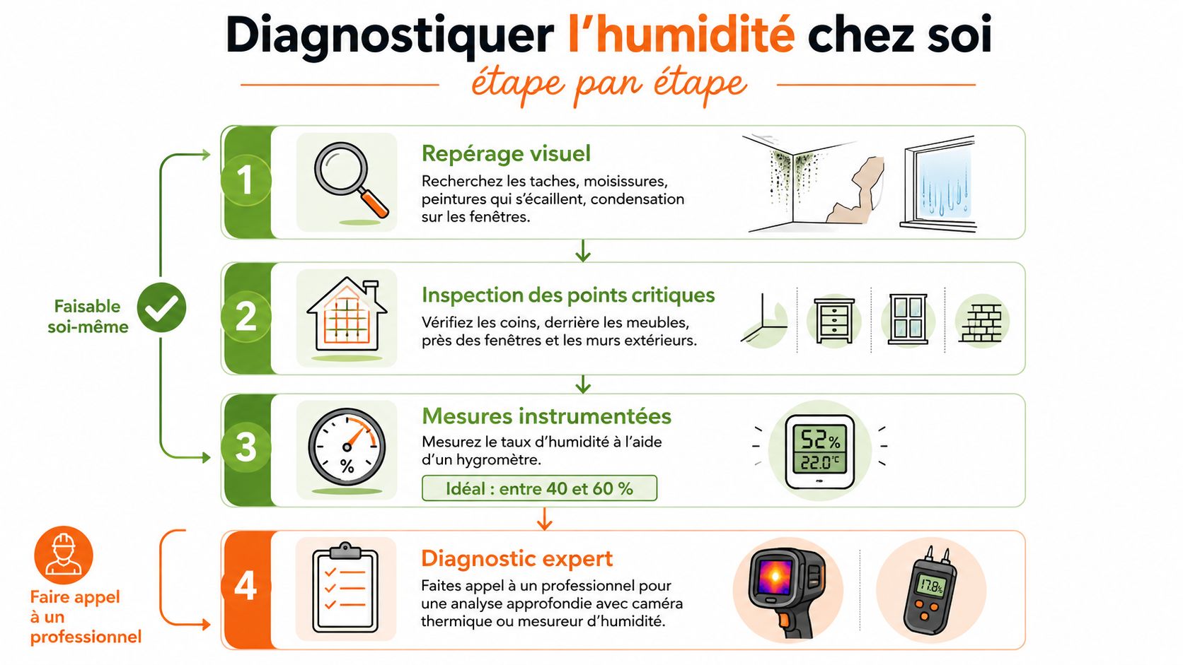 Infographie illustrant les quatre étapes pour diagnostiquer l'humidité chez soi, du contrôle visuel à l'intervention d'un expert.