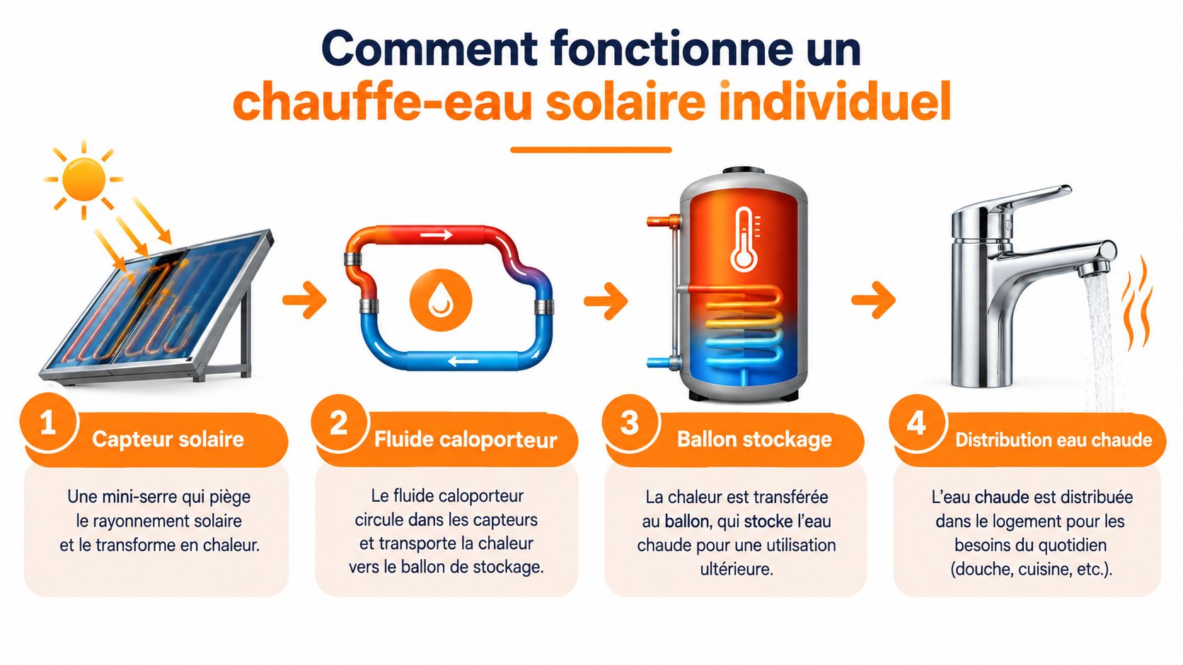 Schéma explicatif montrant les quatre étapes de fonctionnement d'un chauffe-eau solaire individuel pour produire de l'eau chaude.