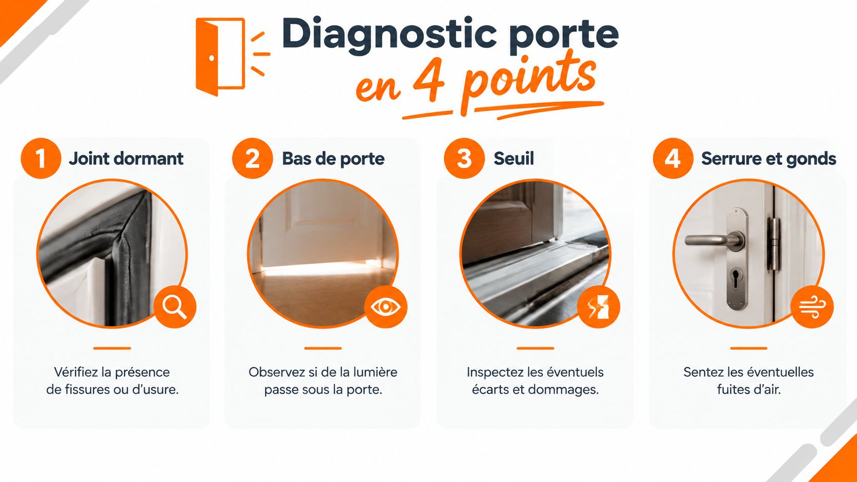 Infographie illustrant quatre étapes pour diagnostiquer une porte afin d'améliorer l'isolation thermique et énergétique de l'habitation.