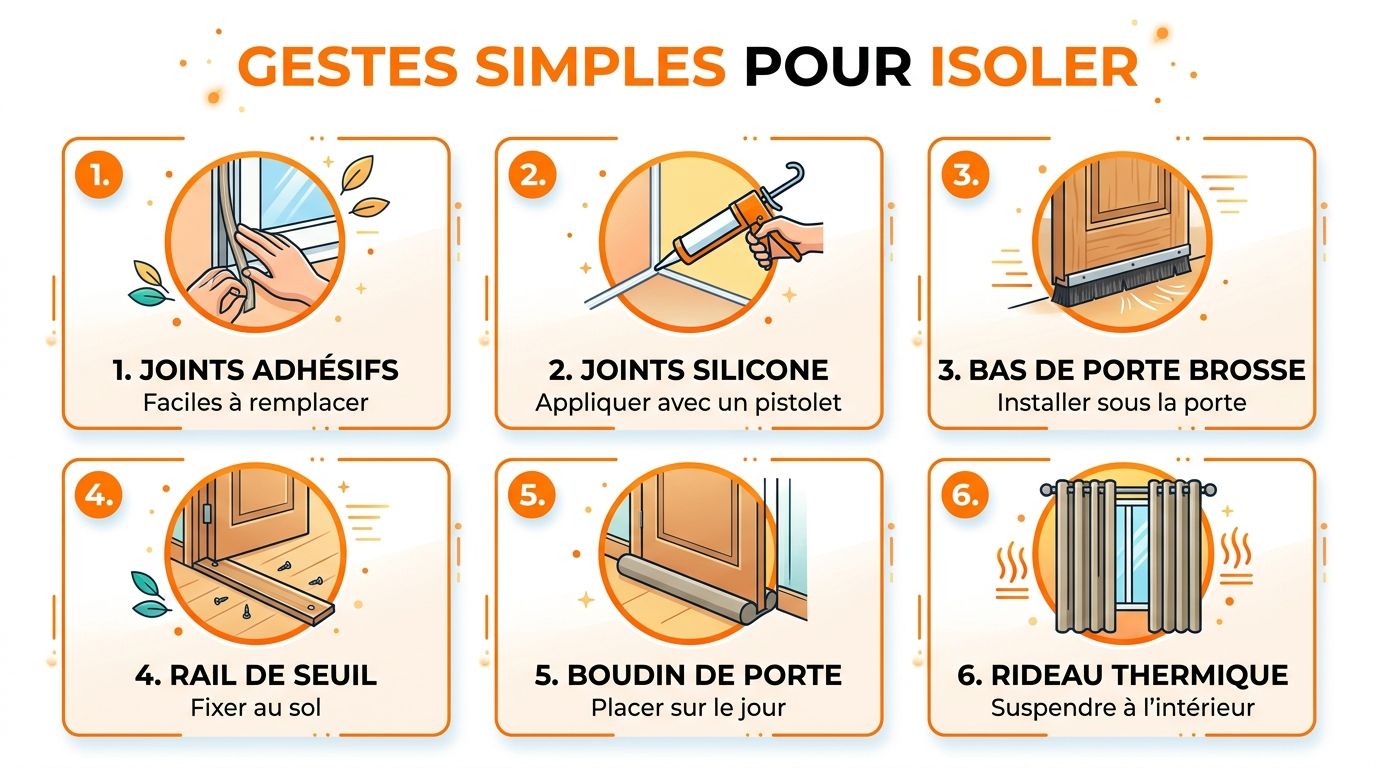 Six conseils pratiques et illustrés pour isoler efficacement vos portes et fenêtres contre le froid.