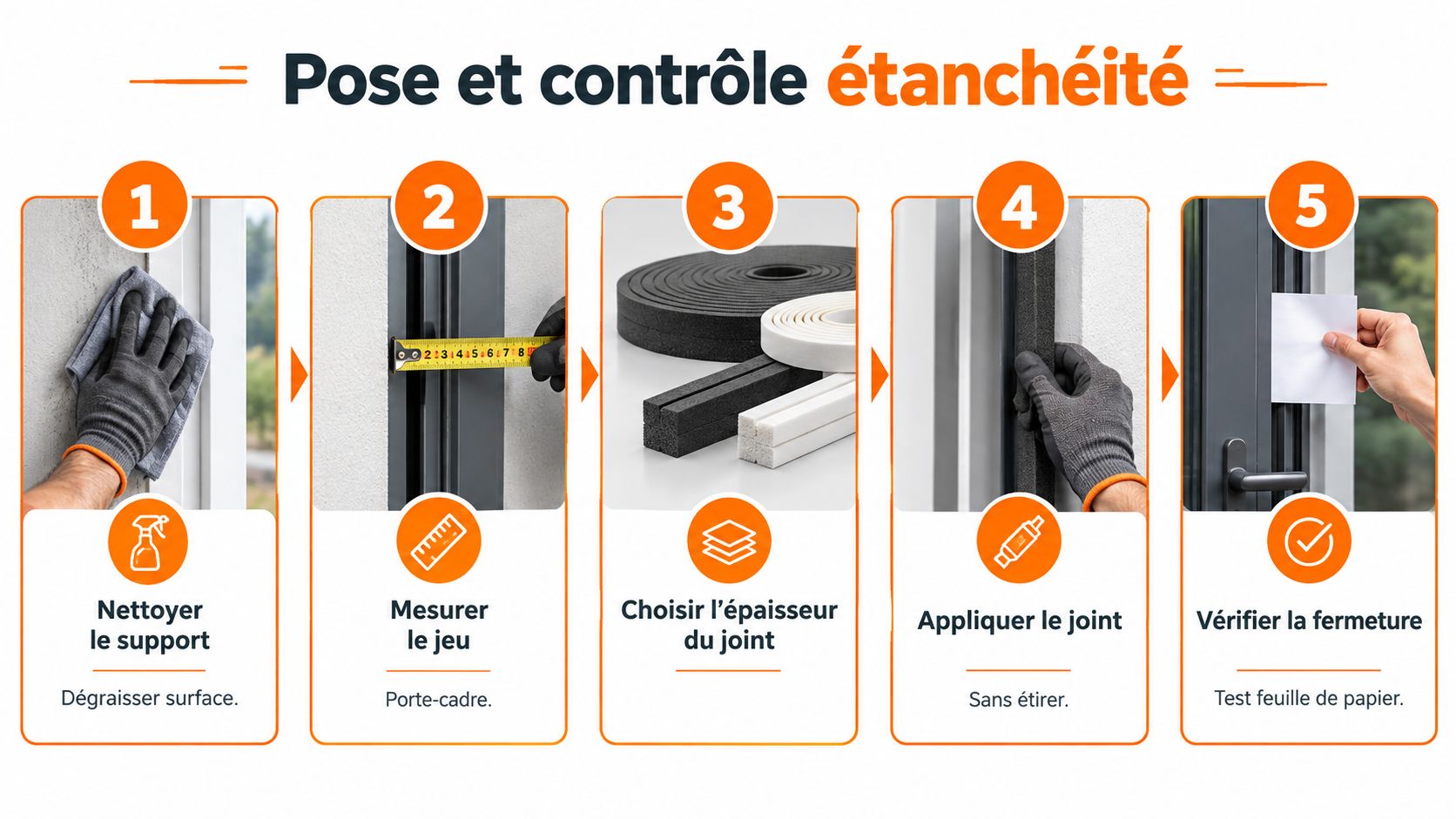 Guide illustré en cinq étapes pour installer des joints d'étanchéité sur une porte ou une fenêtre.