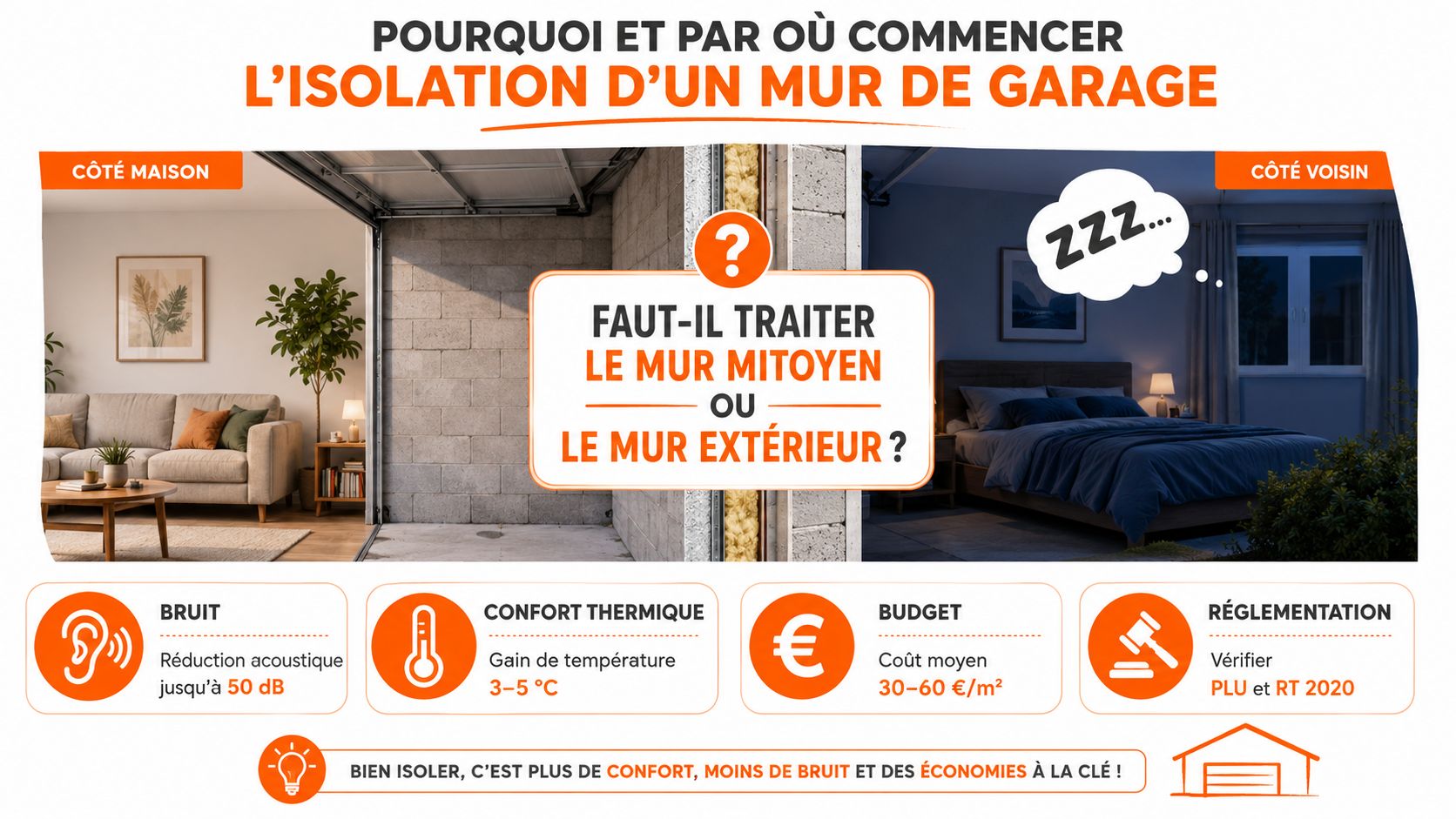Infographie expliquant l'importance et les points clés de l'isolation thermique et acoustique d'un mur de garage.