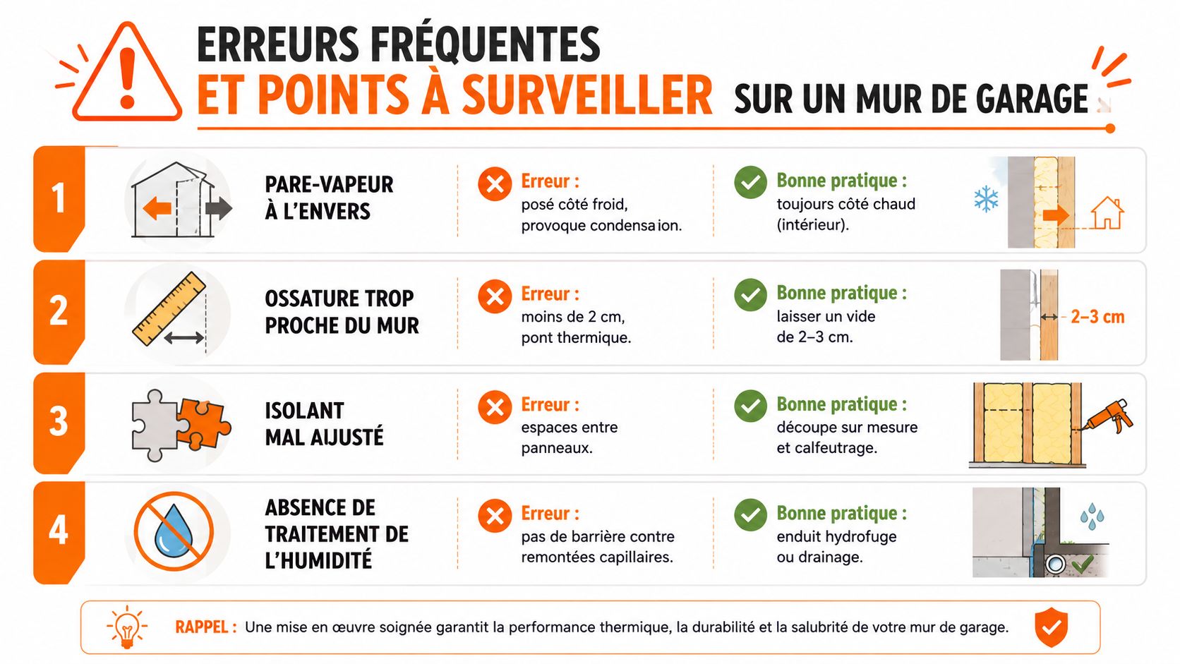 Infographie illustrant les quatre erreurs fréquentes à éviter lors de l'isolation d'un mur de garage.