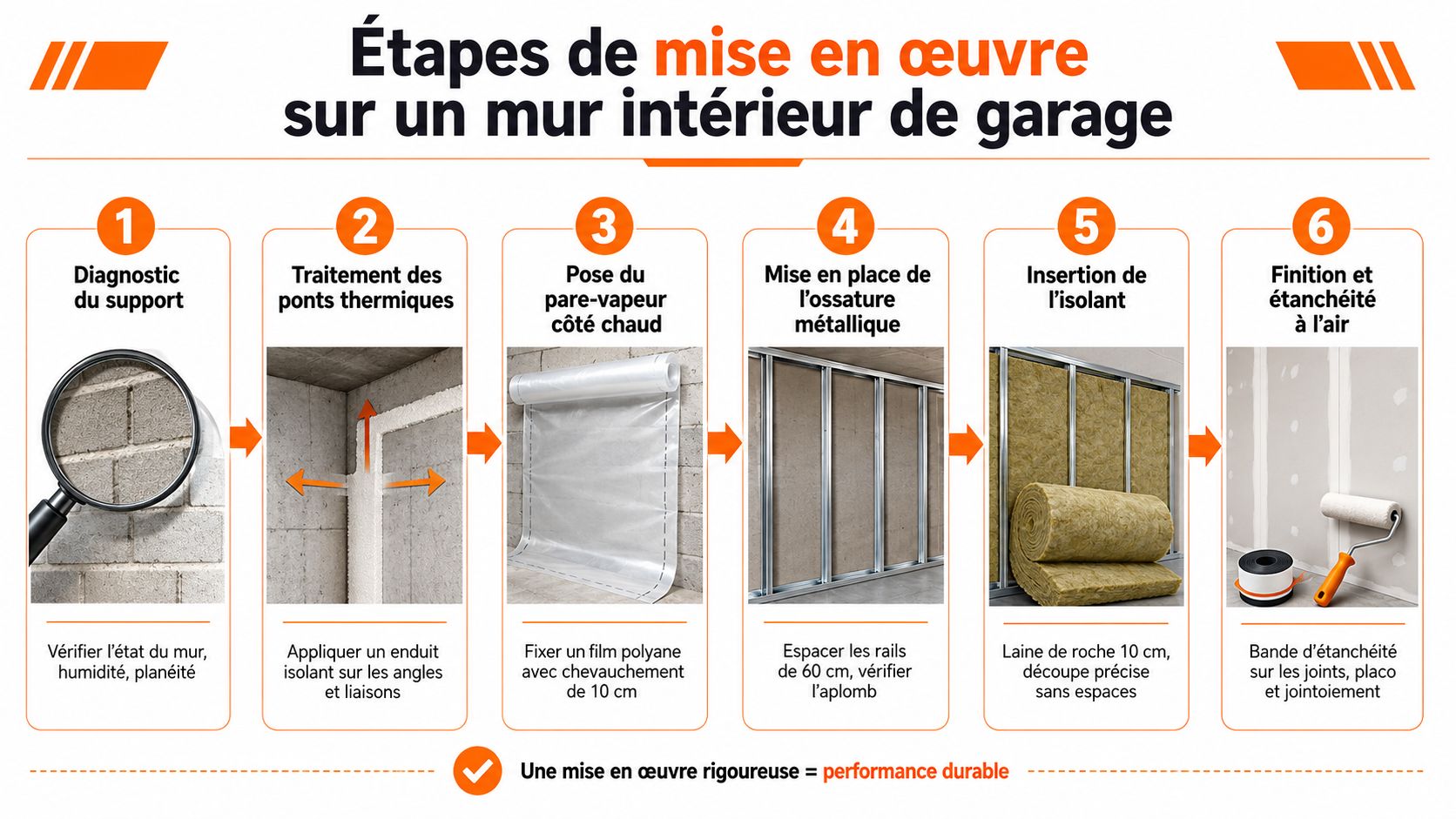 Infographie illustrant les six étapes clés pour l'isolation thermique d'un mur intérieur de garage.