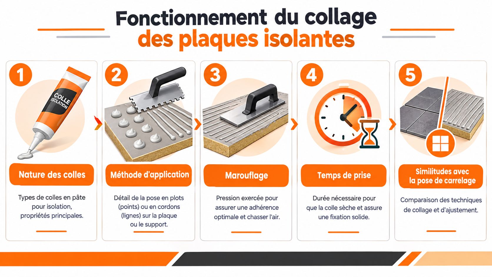 Infographie illustrant les cinq étapes clés du collage de plaques isolantes, de l'application à la fixation.