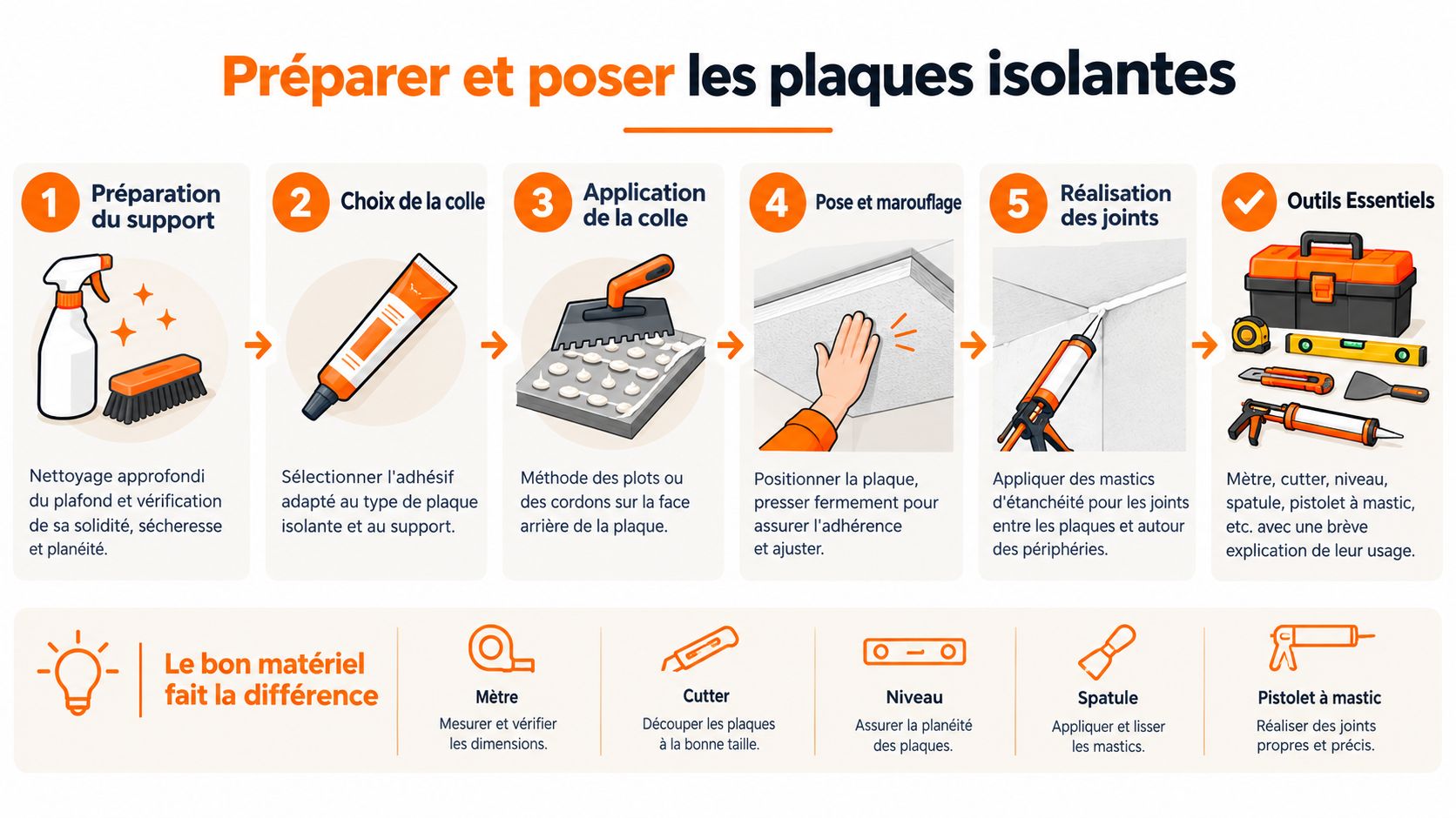 Infographie étape par étape montrant comment préparer et poser des plaques isolantes sur un plafond.