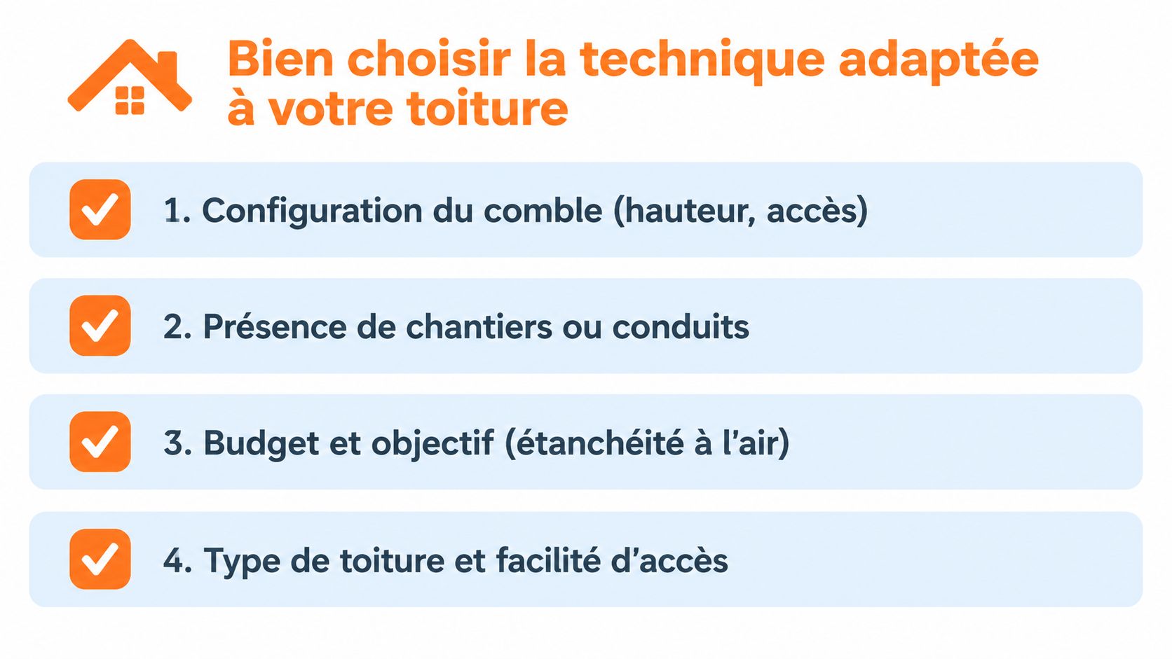 Une liste à puces présentant quatre critères essentiels pour bien choisir une technique d'isolation des combles perdus.