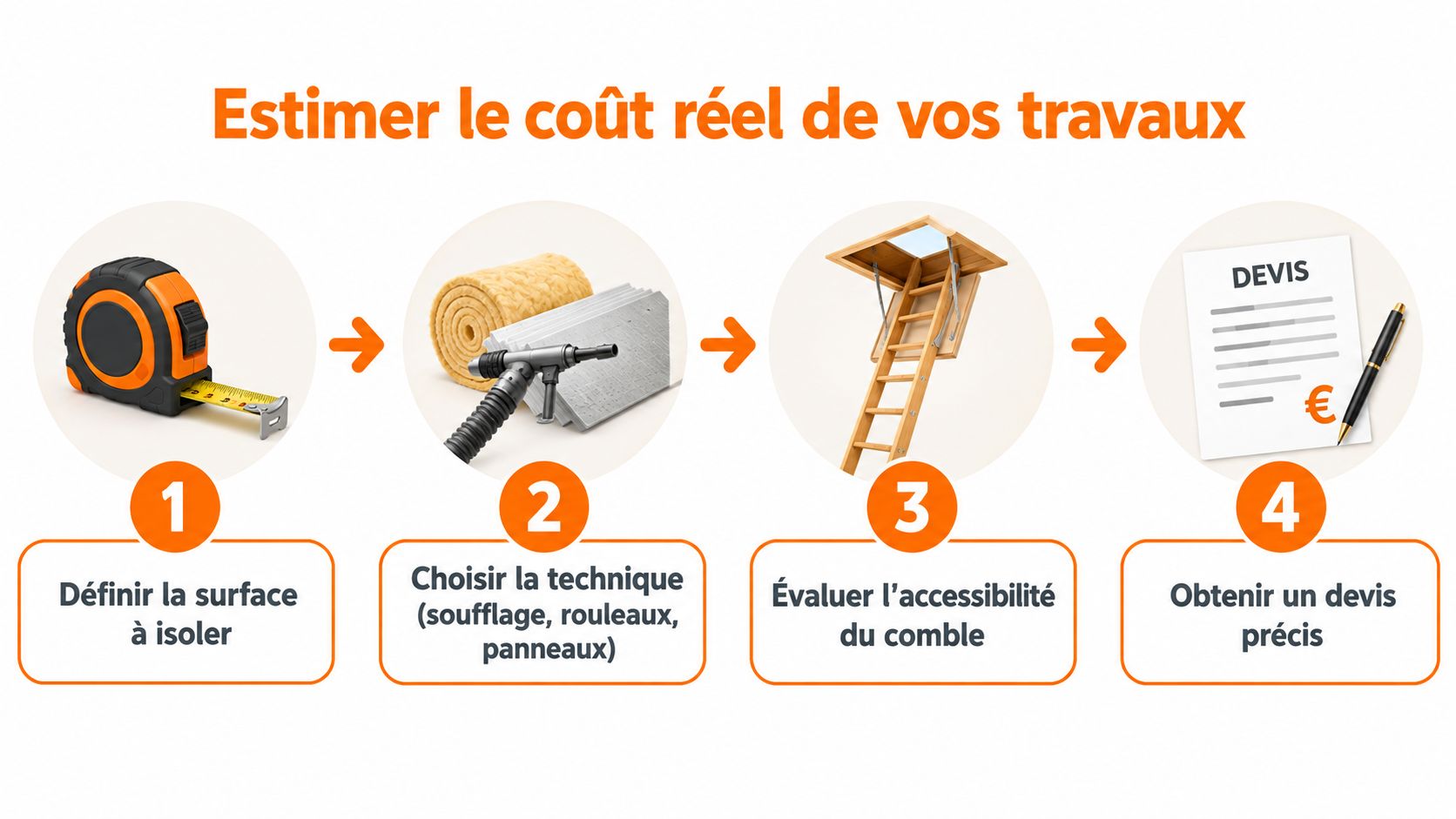 Une infographie en quatre étapes expliquant comment estimer le coût réel des travaux d'isolation des combles perdus.
