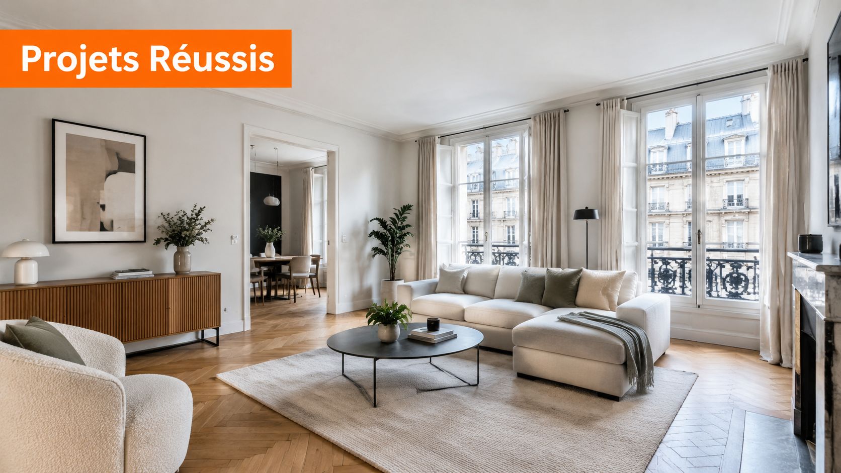 Un salon lumineux au style moderne et élégant avec un parquet en chevron et des fenêtres classiques.